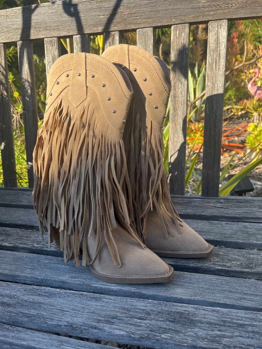 Forever Tan Faux New Suede/Leather Layered Fringe Boots, Size 9